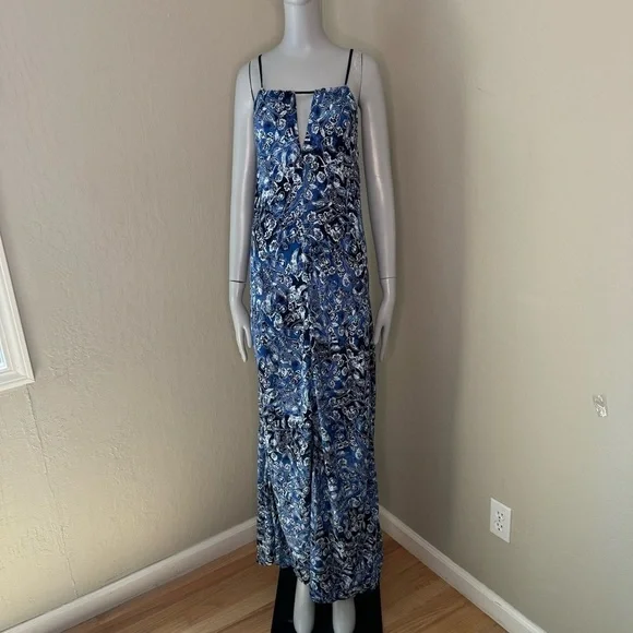 NWT LUCKY BRAND Indigo Floral Maxi Dress Boho Tassel Beach Dress Cover Up Size S - Picture 4 of 16